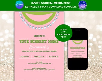 May include: Pink and green sorority invite with a pearl necklace design. The text reads "Welcome to Your Sorority Name Phenomenal 81". The invite includes the date, time, and location of the event. Tickets are available at Eventbrite.com: Charlotte Chapter Luncheon.
