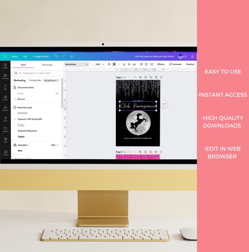 Peut inclure: Un &eacute;cran d'ordinateur affichant un mod&egrave;le de conception pour une pancarte de bienvenue pour un club appel&eacute; "Club Renaissance". Le design pr&eacute;sente une silhouette noire et blanche d'une licorne sur un fond de paillettes argent&eacute;es. Le texte "Bienvenue au Club Renaissance !" est affich&eacute; dans une bo&icirc;te violette avec un contour blanc. Le texte "Une nuit inoubliable en collaboration de c&eacute;l&eacute;bration" est affich&eacute; en blanc sous la licorne.
