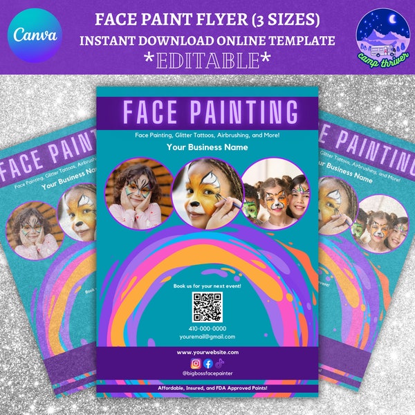 Face Painting Flyer, Face Painting Sign, Face Paint Flyer Template, Face Painting Price List, Face Paint Postcard, Face Paint Handout