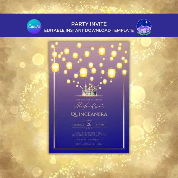 Lantern Quinceanera Invitation, Fairytale Wedding Invitation, Princess Quinceanera Bundle, Rapunzel Canva Invitation, Lantern Invitation