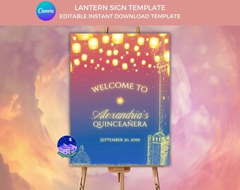 Letrero de bienvenida para quinceañera con linterna: Decoración de la princesa Rapunzel (Descarga digital)