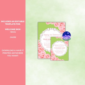 Peut inclure: Mod&egrave;le de panneau d'accueil &eacute;ditable pour un &eacute;v&eacute;nement de sororit&eacute;. Le panneau pr&eacute;sente un fond vert avec des roses roses et un collier de perles. Le texte indique "Stepping into Sisterhood with the members of [Your Sorority Name] Your Sorority Name As we present the ladies of [Your Chapter Name] P.H.E.N.O.M.E.N.A.L. 12 Spring 2022".