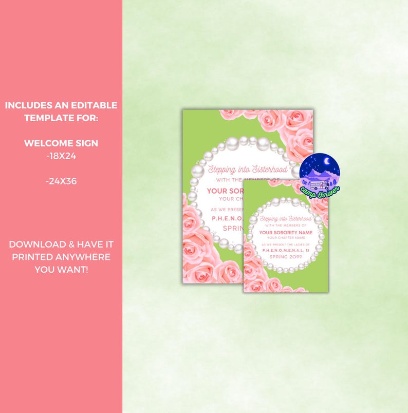 Peut inclure: Mod&egrave;le de panneau d'accueil &eacute;ditable pour un &eacute;v&eacute;nement de sororit&eacute;. Le panneau pr&eacute;sente un fond vert avec des roses roses et un collier de perles. Le texte indique "Stepping into Sisterhood with the members of [Your Sorority Name] Your Sorority Name As we present the ladies of [Your Chapter Name] P.H.E.N.O.M.E.N.A.L. 12 Spring 2022".