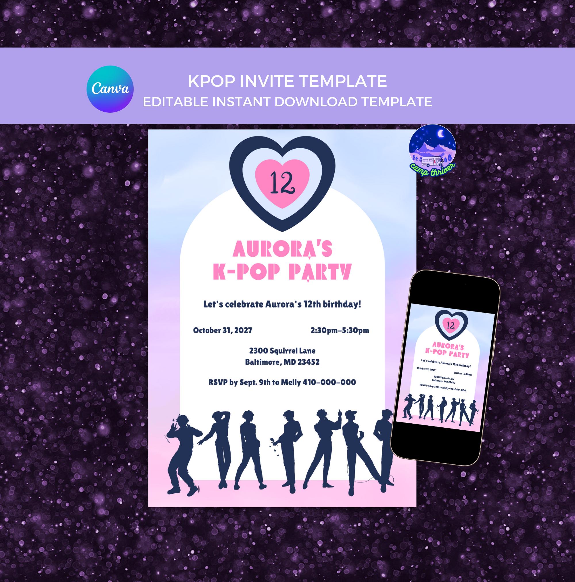 K Pop Invitation, K Pop Invite, K-Pop Birthday Party Invitation, K-Pop Birthday Party, Karaoke Invitation, 90s Invitation, Kawaii Invitation
