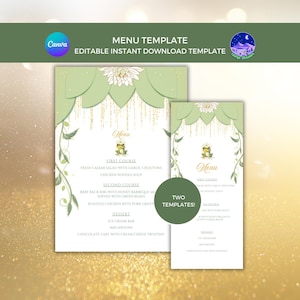 Puede incluir: Una plantilla de menú con un diseño verde y dorado. El menú presenta una ilustración de rana y el texto "Menu". El menú incluye secciones para el primer plato, el segundo plato y el postre. También es visible el texto "TWO TEMPLATES!".