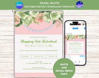 Sorority Probate Invitation: Pink and Green Pearl Theme Design (Canva Template)