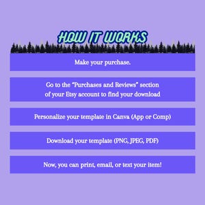 Peut inclure: Un fond violet avec une banni&egrave;re noire en haut qui dit "HOW IT WORKS" en lettres vertes et bleues.  Sous la banni&egrave;re, cinq boutons bleus avec du texte blanc expliquant comment utiliser un mod&egrave;le num&eacute;rique. Les boutons indiquent : "Effectuez votre achat", "Allez &agrave; la section "Achats et &eacute;valuations" de votre compte Etsy pour trouver votre t&eacute;l&eacute;chargement", "Personnalisez votre mod&egrave;le dans Canva (App ou Comp)", "T&eacute;l&eacute;chargez votre mod&egrave;le (PNG, JPEG, PDF)", et "Maintenant, vous pouvez imprimer, envoyer par e-mail ou envoyer par SMS votre article !"