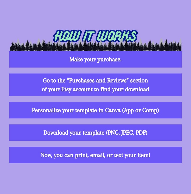 Peut inclure: Un fond violet avec une banni&egrave;re noire en haut qui dit "HOW IT WORKS" en lettres vertes et bleues.  Sous la banni&egrave;re, cinq boutons bleus avec du texte blanc expliquant comment utiliser un mod&egrave;le num&eacute;rique. Les boutons indiquent : "Effectuez votre achat", "Allez &agrave; la section "Achats et &eacute;valuations" de votre compte Etsy pour trouver votre t&eacute;l&eacute;chargement", "Personnalisez votre mod&egrave;le dans Canva (App ou Comp)", "T&eacute;l&eacute;chargez votre mod&egrave;le (PNG, JPEG, PDF)", et "Maintenant, vous pouvez imprimer, envoyer par e-mail ou envoyer par SMS votre article !"