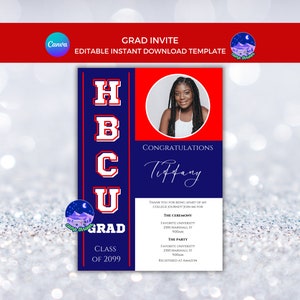HBCU Graduierung, HBCU Einladungsvorlage, rote und blaue Graduierung einladen, Graduierung einladen Vorlage, schwarzer graduierter
