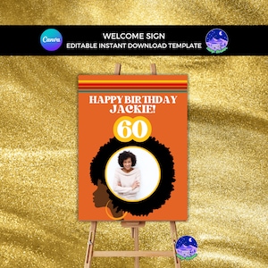 Signo de bienvenida de la fiesta de cumpleaños de los años 70, signo de fiesta disco del signo de cumpleaños groovy, cartel del cumpleaños número 60, cumpleaños número 50, signo de fiesta editable de los años 70