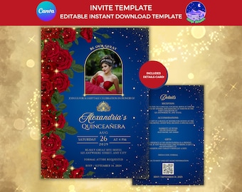 May include: A blue and gold Quinceañera invitation with a red rose border. The invitation features a photo of a young woman in a red dress and a crown. The text on the invitation reads "Alexandria's Quinceañera" and includes the date and time of the event. The invitation also includes a details card with information about the reception, accommodations, and gifts.