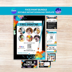 Pacote de panfletos para pintura facial, banner para pintura facial, placa para pintura facial, modelo de postagem para mídia social Canva, cartão de visita para pintura facial