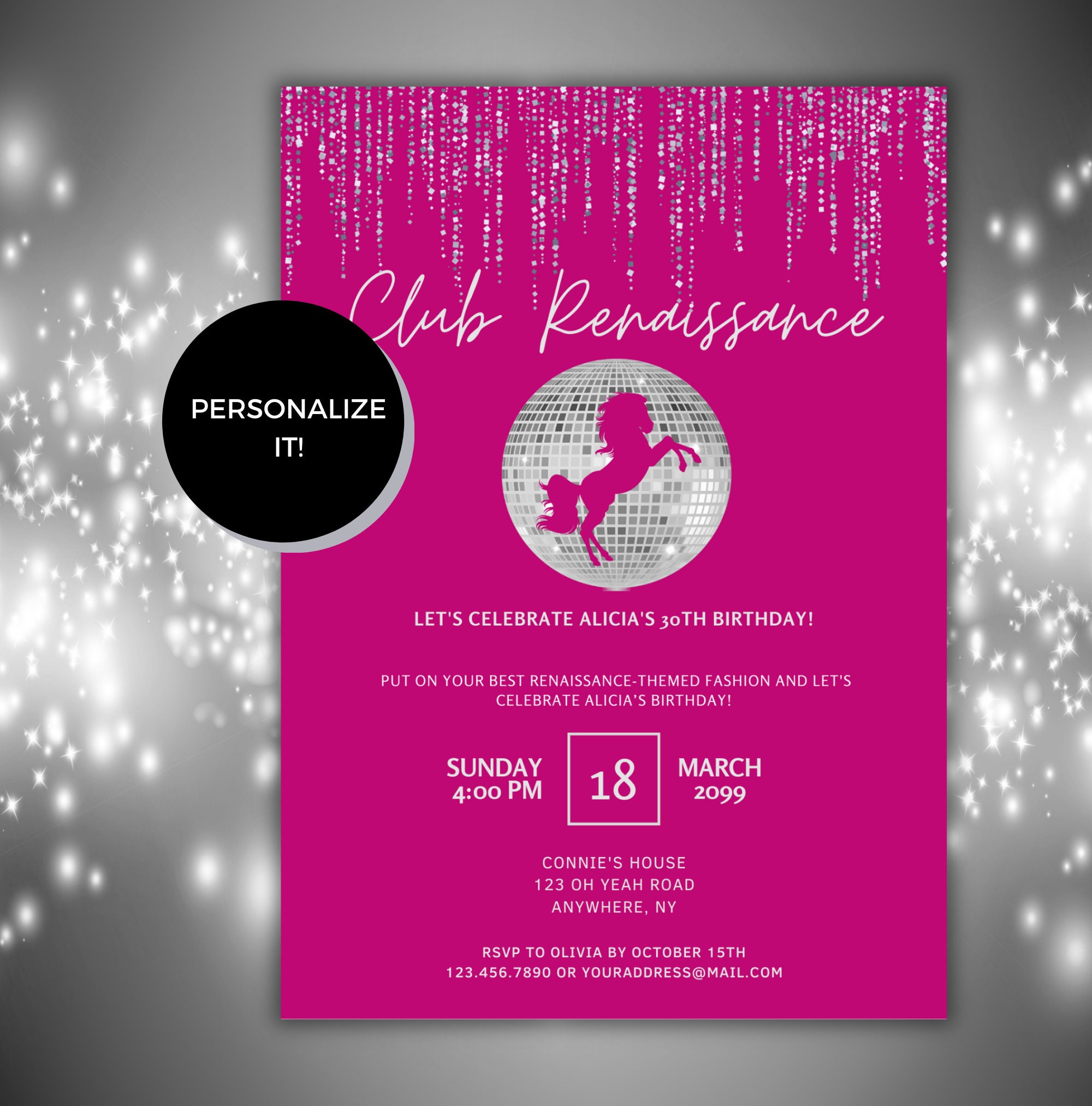 Renaissance Birthday Invitation: Disco Horse, Concert Theme (digital ...