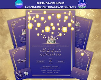 Lantern Quinceanera Invitation Template: Princess Rapunzel Sweet Sixteen (Canva Digital Download)