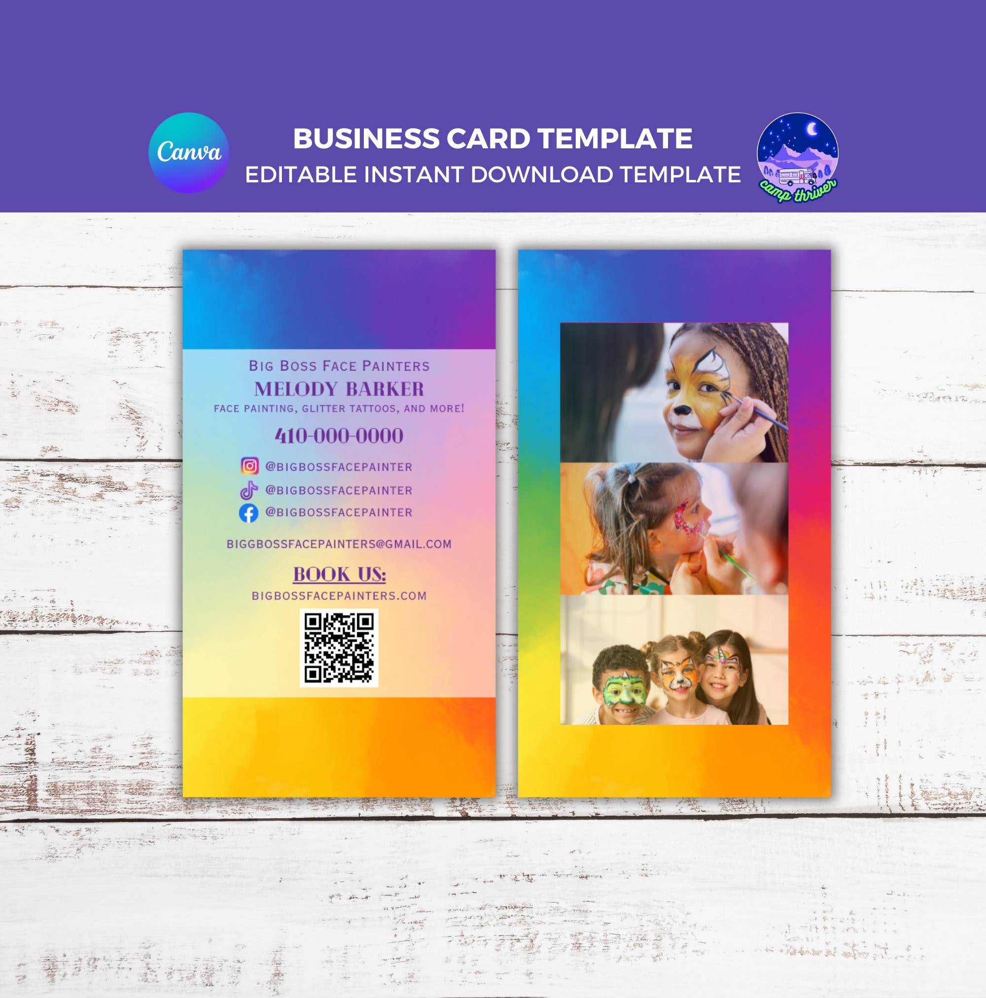 Face Paint Business Card Template: Colorful Rainbow Design (Canva Editable, Digital Download)
