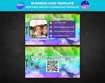 Face Painter Business Card Template: Colorful Paint Design (Digital Download)