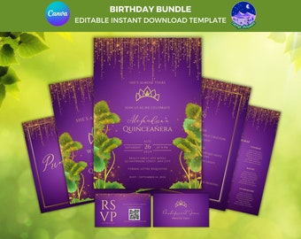May include: A purple and gold Quinceañera invitation bundle featuring a floral design. The invitation set includes a main invitation, RSVP card, and a menu card. The text on the invitation reads "She's almost there. Join us as we celebrate Alefendue's Quinceañera. Saturday, August 26, 2029 at 4 PM. Really Great Site Hotel, 121 Anywhere Street, Any City. Formal attire requested. RSVP September 14, 2024."