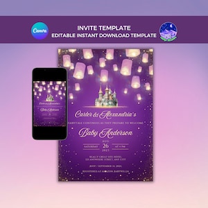 Lantern Baby Shower Invite , Rapunzel Baby Shower Invite, Editable Princess Baby Shower Invite, Fairytale Baby Shower Invitation Template