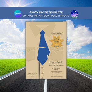 Op de afbeelding: Een beige en blauwe uitnodiging voor een afscheidsfeest met een politiebadge en een stropdas. De uitnodiging luidt "Gefeliciteerd!" en "Laten we Arendelles pensionering vieren!" met de datum, tijd en locatie van het feest.