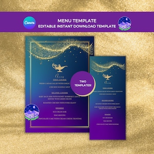 May include: Two printable menu templates with a blue and purple gradient background. The menu features a gold genie lamp and the text "Theny" at the top. The menu lists a first course, second course, and dessert. The text "Two Templates!" is in a gold box.