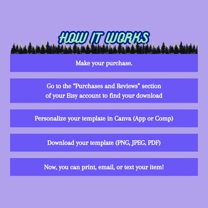 K&ouml;nnte beinhalten: Ein lilafarbener Hintergrund mit einer schwarzen und wei&szlig;en Wald-Silhouette oben. Der Text "HOW IT WORKS" ist in gr&uuml;nen und schwarzen Buchstaben. F&uuml;nf blaue Schaltfl&auml;chen mit wei&szlig;em Text erkl&auml;ren die Schritte zum Herunterladen und Personalisieren einer digitalen Vorlage. Die Schritte sind: Kaufen Sie Ihr Produkt, Gehen Sie zum Abschnitt "K&auml;ufe und Bewertungen" Ihres Etsy-Kontos, um Ihren Download zu finden, Personalisieren Sie Ihre Vorlage in Canva (App oder Computer), Laden Sie Ihre Vorlage herunter (PNG, JPEG, PDF), Jetzt k&ouml;nnen Sie Ihr Produkt ausdrucken, per E-Mail versenden oder als Textnachricht senden!
