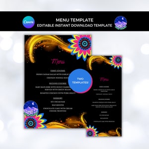 Menú de neón, Menú del Día de los Muertos, Plantilla de menú de Halloween, Menú de boda de Halloween, Menú editable de quinceañera, Menú de dulces 16, Colores brillantes