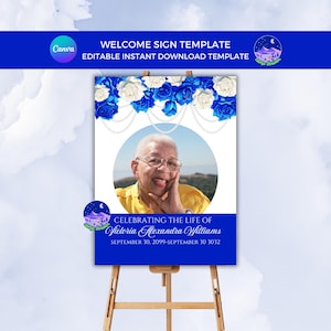 May include: A welcome sign template with a photo of a smiling woman, blue and white roses, and the text "Celebrating the Life of Victoria Alexandra Williams." The sign is on a wooden easel.
