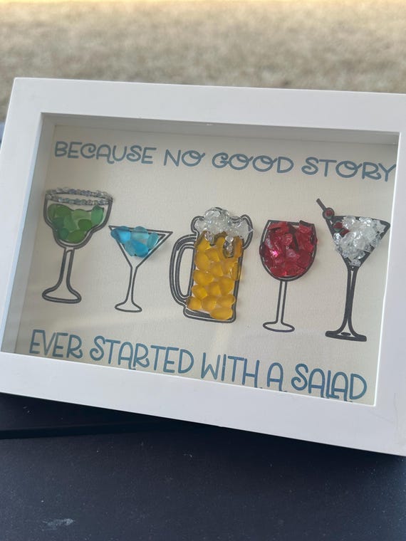 Sea Glass Art. Happy Hour Cocktails - Framed Nautical Beach House Decor. Bar Decor. Drinks on the beach. Cocktail lover gift. Ready to hang.