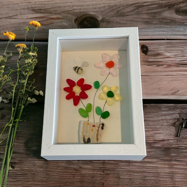 Sea Glass Art. Coastal Decor, Sea Glass Flowers in Shadow Box Frame. 6 X 4 Original Artwork. Unique Item for a Beach House or Beach Lover.