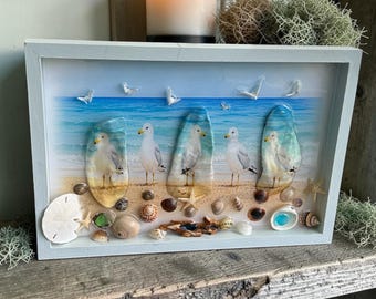 Coastal Oyster Shell Wall Art, 3D Beach Resin Scene, Handmade Seagull Shadow Box, Beach House Decor