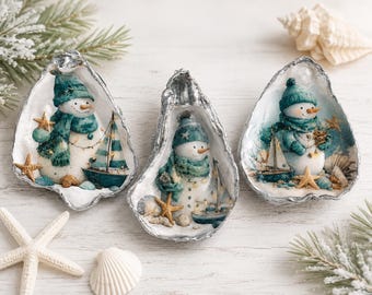 Coastal Snowman Oyster Shell Ornament, Teal Christmas Beach Décor