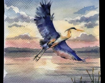 Blue Heron Cocktail Napkins for Decoupage, Coastal Bird Paper Napkins