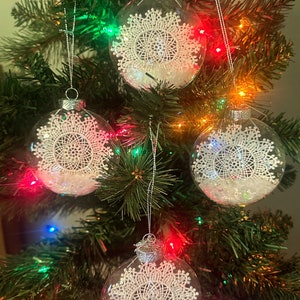 Snowflake Ornaments. Set of 4. Floating Snowflakes in glass ornament, Gift Giving, Light Catching, Handmade Ornaments