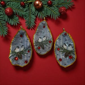 Handmade Oyster Shell Winter Chickadee Ornament: Rustic Christmas Decor with Birch Trees and Pinecones