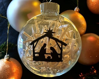 Handcrafted Nativity Ornament, Christian Ornament, Christmas Nativity,  Mary Joseph Jesus, Manger ornament, Holy Family Creche