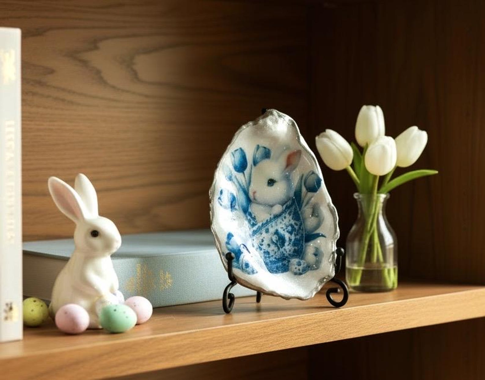 Chinoiserie Easter Bunny Oyster Shell. Spring Cottage Easter Decoration ...