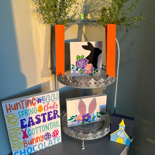 Easter Decorations: Tiered Tray Decor Set for Spring Home Display. Farmhouse style spring accents. Perfect for your Easter table display.