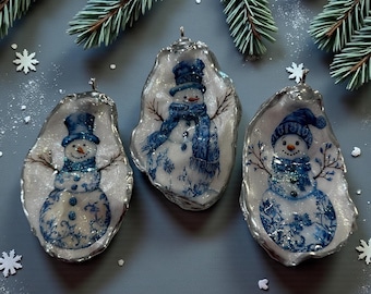 Chinoiserie Snowman Ornament, Blue Toile Oyster Shell Christmas Decor, Handmade Coastal Holiday Tree Decoration