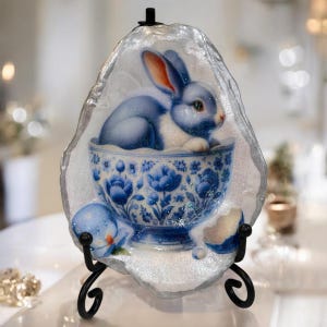 May include: A decorative piece featuring a blue and white bunny in a floral bowl, set against a sparkling, irregular-shaped background. The artwork is mounted on a black metal stand, creating a whimsical, artistic display.