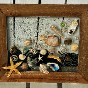 Sea Shell Sea Glass Resin Art: Ocean-Inspired Seashell Collage. Resin Wall Art for Beach House Decor, Coastal Living, Home Accent.