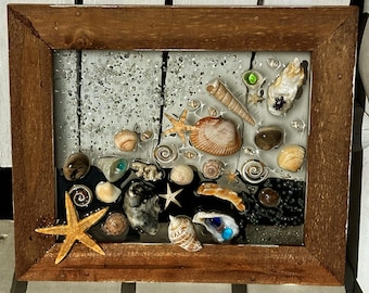 Sea Shell Sea Glass Resin Art: Ocean-Inspired Seashell Collage. Resin Wall Art for Beach House Decor, Coastal Living, Home Accent.