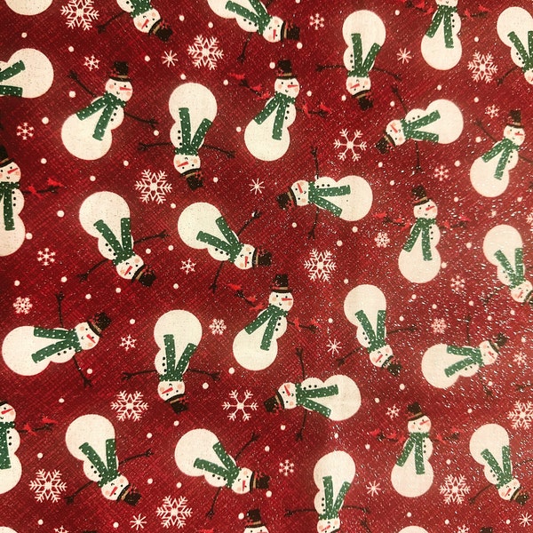 Snowmen and Snowflakes on Red Glitter Christmas Cotton Fabric