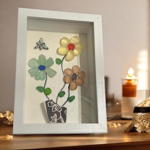 Sea Glass Art. Coastal Decor, Sea Glass Flowers in Shadow Box Frame. 6 X 4 Original Artwork. Unique Item for a Beach House or Beach Lover.