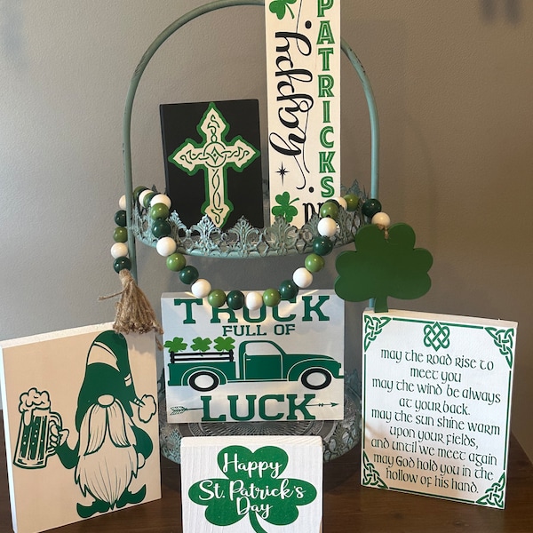 St Patrick's Day Tiered Tray Décor Bundle, St Patrick's Décor - Luck of the Irish! Handcrafted Gnome, Shamrock, Celtic Cross and more.