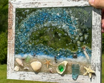 Ocean Wave Art - Vibrant Sea Glass & Seashell Resin Piece, Ideal Beachy Home Accents, Thoughtful Gift for Beach Enthusiasts. 8x10.