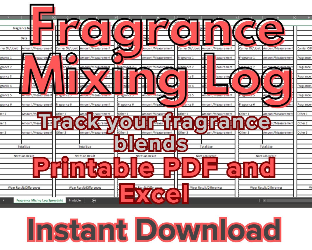 Perfume Making Recipe Log/Tracker: Excel + Printable PDF for Professionals/Hobbyists. Fragrance Formulation Journal/Scent Blending Notebook