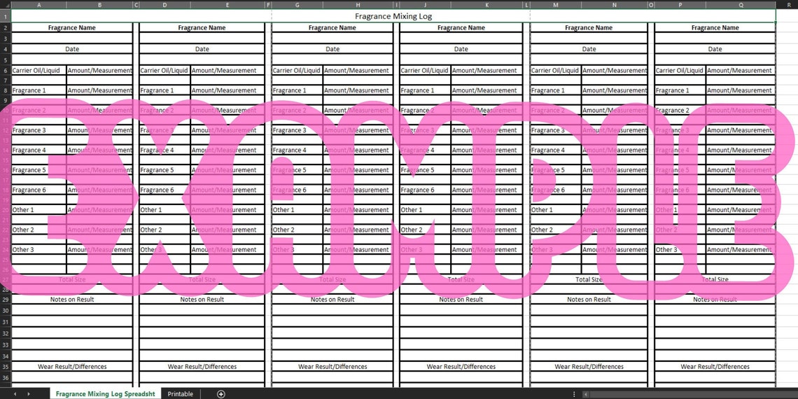Perfume Making Recipe Log/tracker Excel Printable PDF for