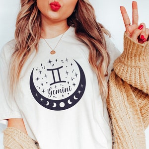 Gemini Crescent Moon Phases T-Shirt, Celestial, Zodiac, Astrology, Birthday Shirt, Gift for Her, Astrologer, Astrologist, Stars, Spiritual