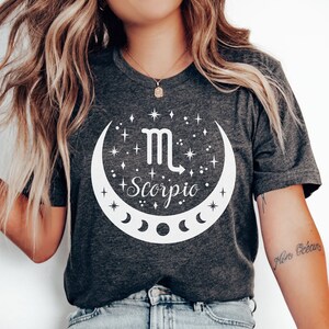 Celestial Scoprio Crescent Moon Phases T-Shirt, Zodiac Shirt, Astrology, Birthday, Gift for Her, Eco-Friendly, Boho Chic, Witch Shirt