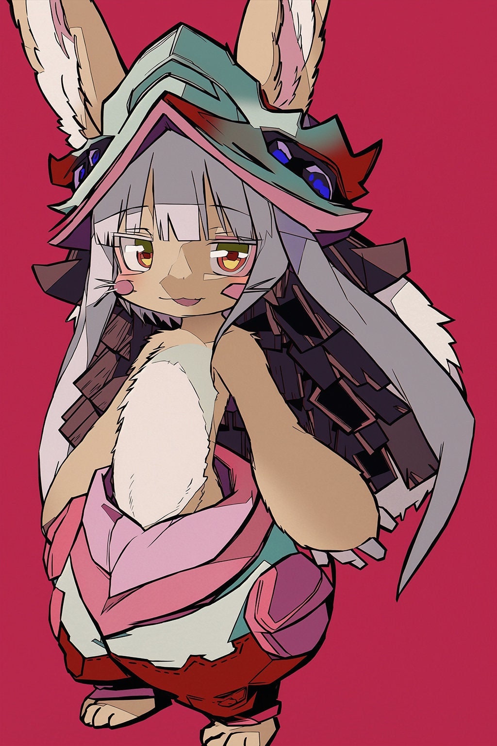 Made in Abyss, anime girl, short hair, gray hair, multi-colored hair, black  hair, big boobs, thick thigh, smiling, Black clothes, Ozen (Made in Abyss),  white skin, black eyes, black gloves, fan art